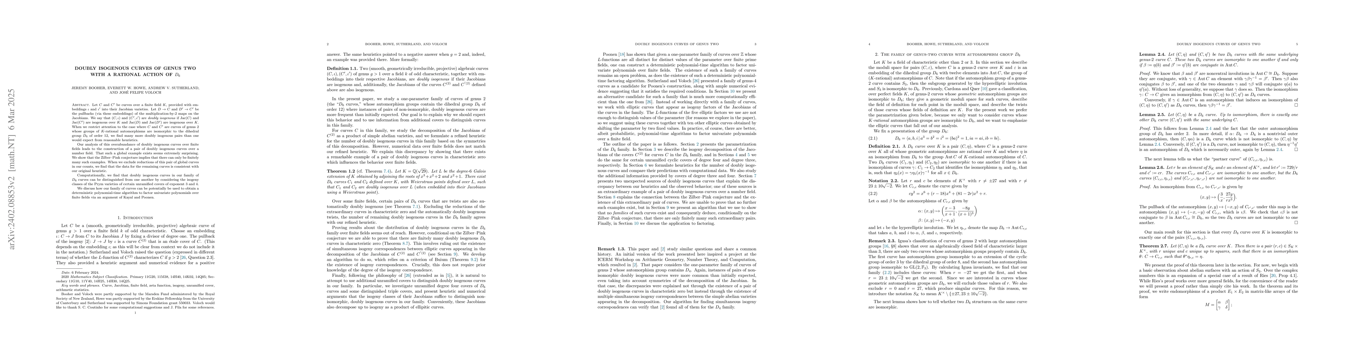 Thumbnail for Doubly isogenous curves of genus two with a rational action of $D_6$