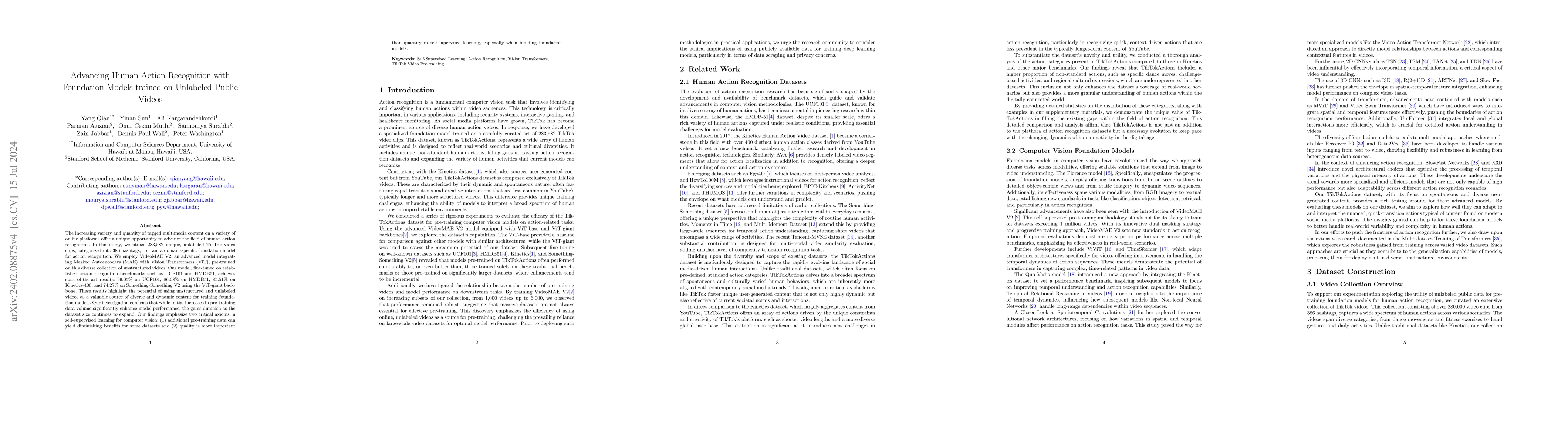 Thumbnail for Advancing Human Action Recognition with Foundation Models trained on
  Unlabeled Public Videos