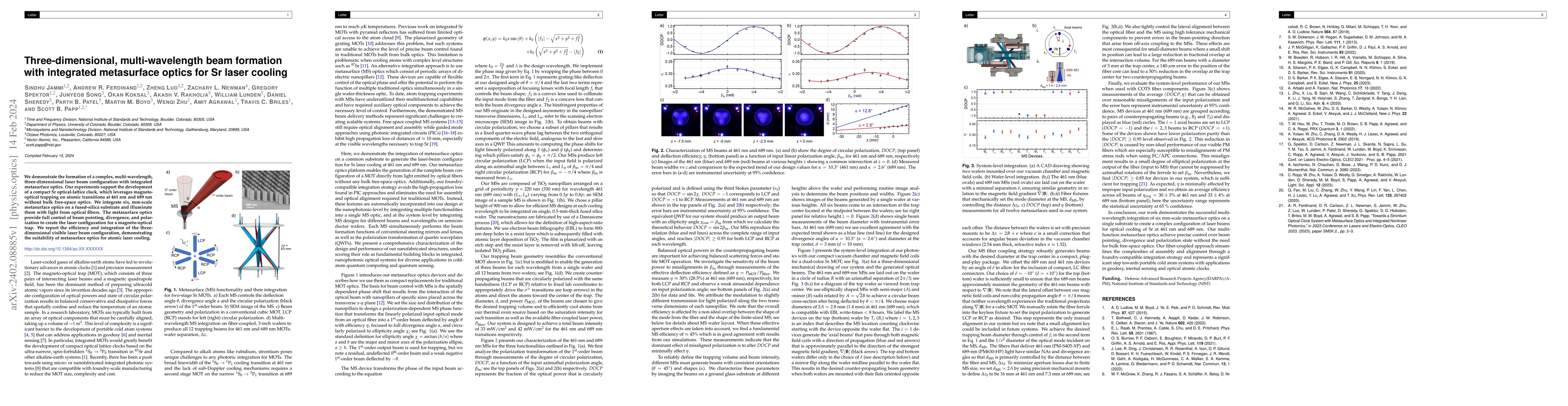 Thumbnail for Three-dimensional, multi-wavelength beam formation with integrated
  metasurface optics for Sr laser cooling