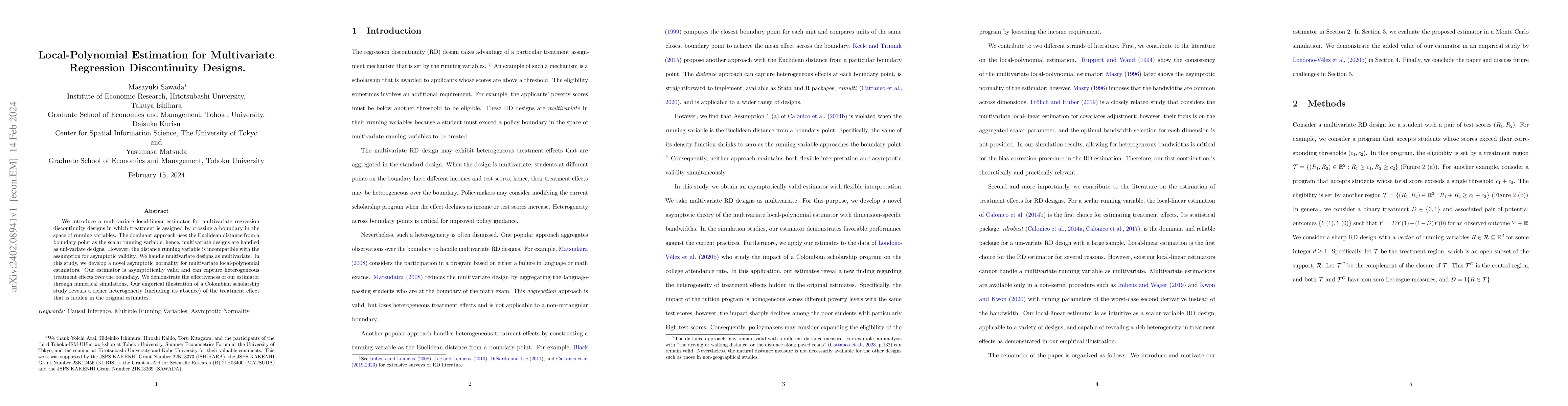 Thumbnail for Local-Polynomial Estimation for Multivariate Regression Discontinuity
  Designs