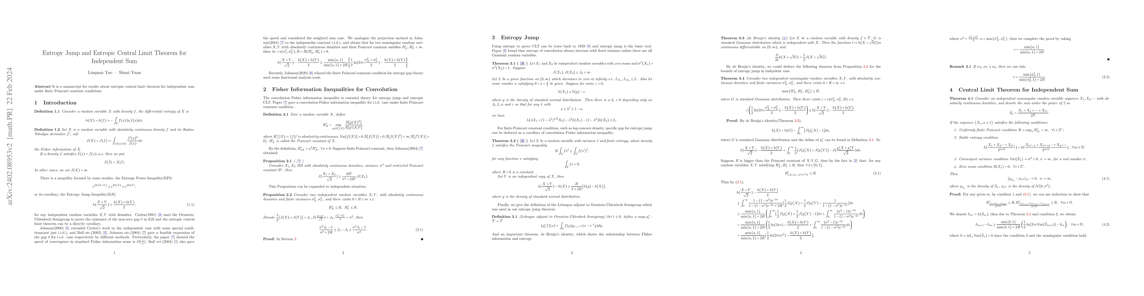 Thumbnail for Entropy Jump and Entropic Central Limit Theorem for Independent Sum