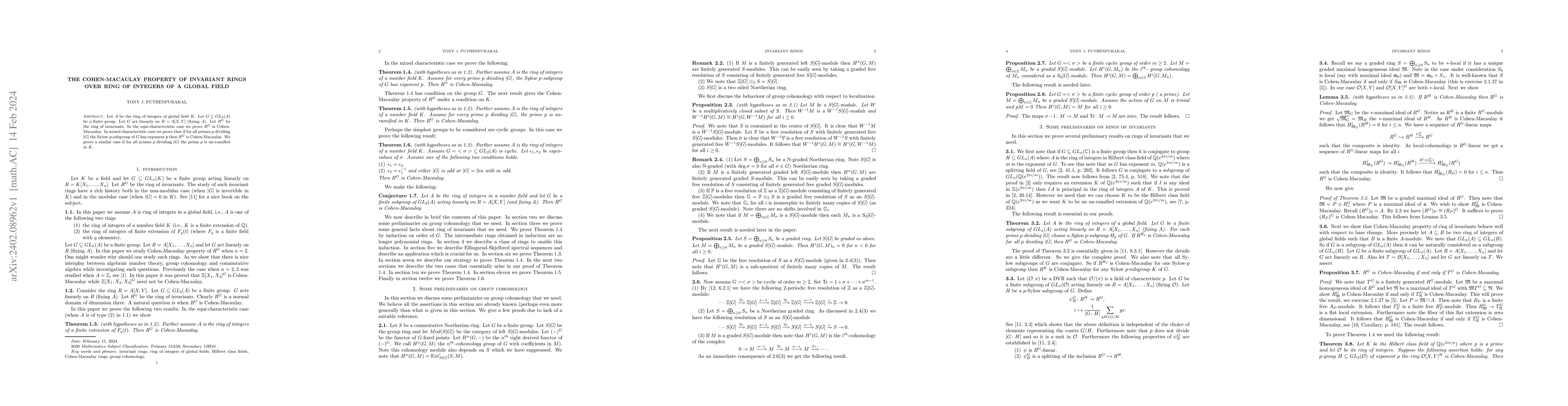 Thumbnail for The Cohen-Macaulay property of invariant rings over ring of integers of
  a global field