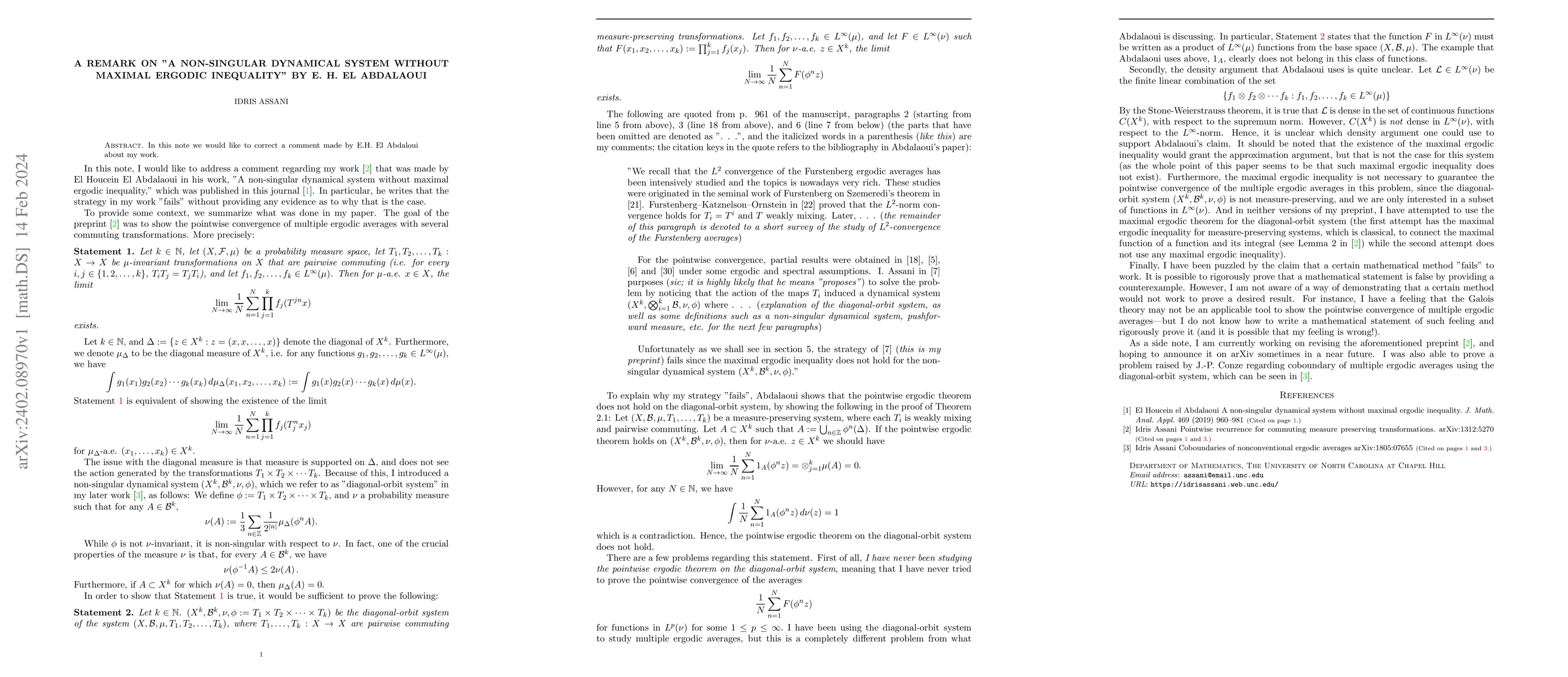 Thumbnail for A remark on "A non-singular dynamical system without maximal ergodic
  inequality" by E. H. El Abdalaoui"