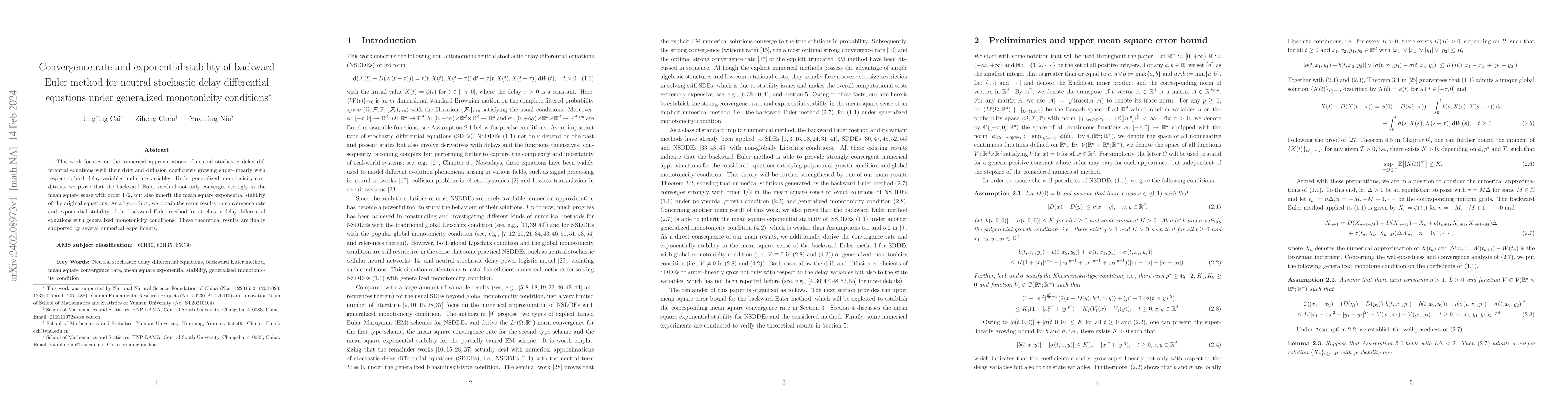 Thumbnail for Convergence rate and exponential stability of backward Euler method for
  neutral stochastic delay differential equations under generalized
  monotonicity conditions