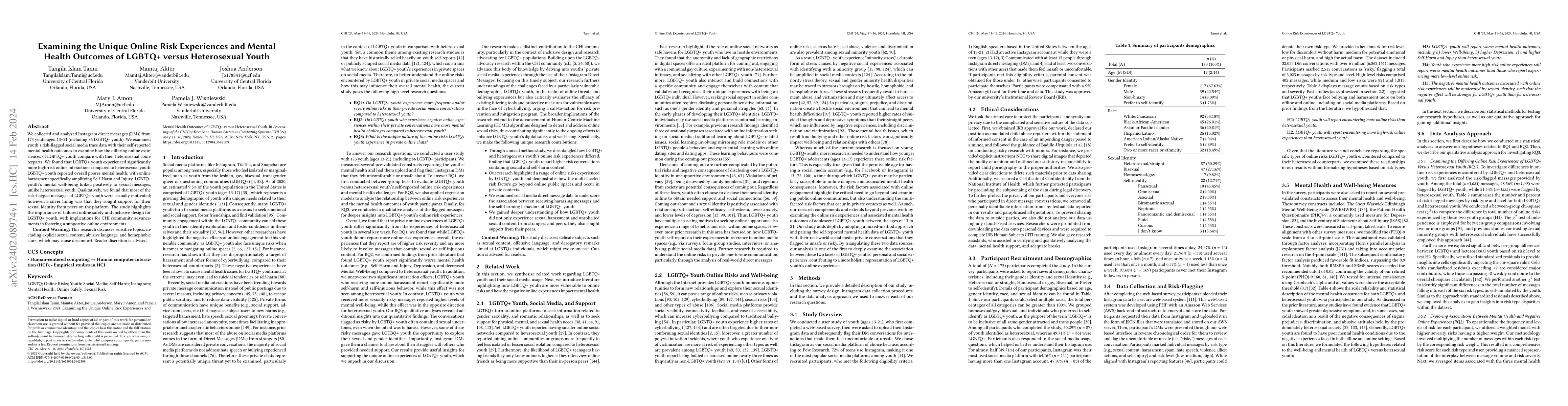 Thumbnail for Examining the Unique Online Risk Experiences and Mental Health Outcomes
  of LGBTQ+ versus Heterosexual Youth