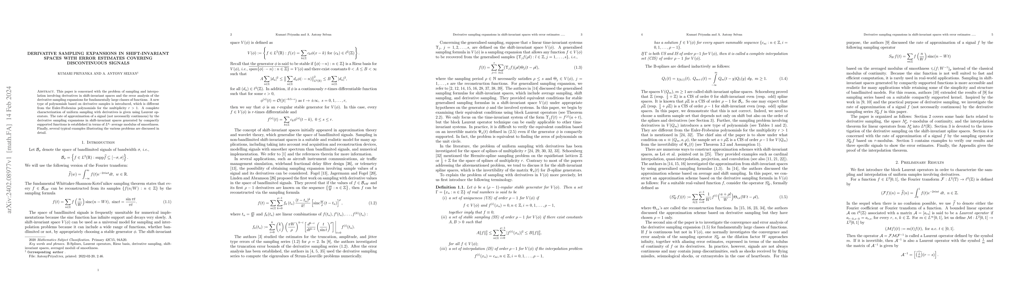 Thumbnail for Derivative sampling expansions in shift-invariant spaces with error
  estimates covering discontinuous signals