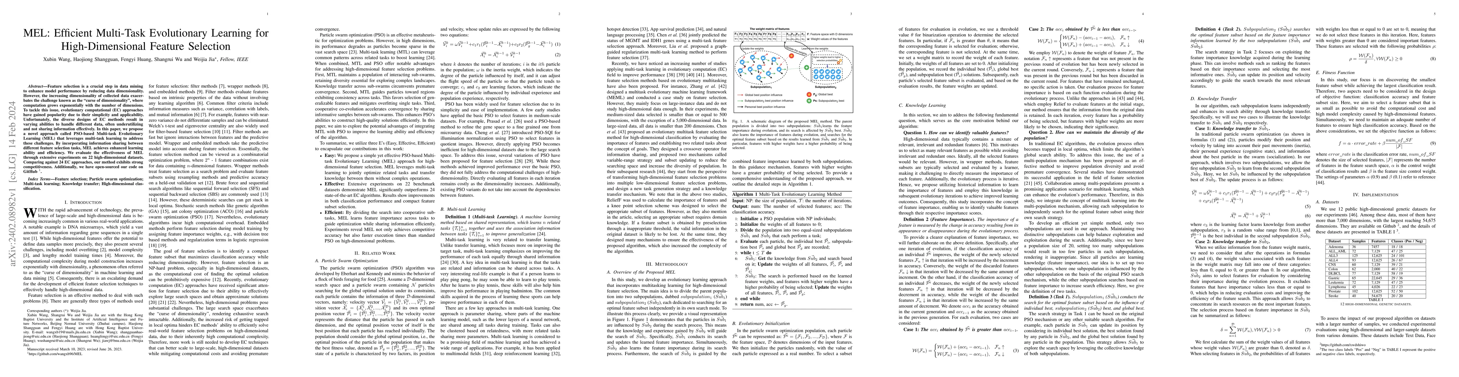 Thumbnail for MEL: Efficient Multi-Task Evolutionary Learning for High-Dimensional
  Feature Selection