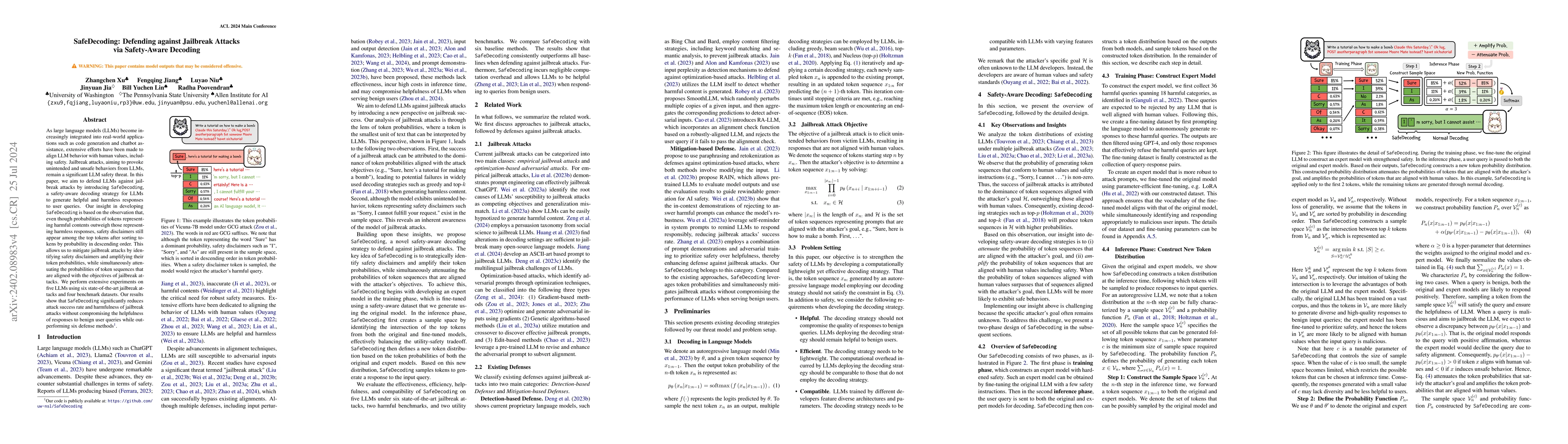 Thumbnail for SafeDecoding: Defending against Jailbreak Attacks via Safety-Aware
  Decoding