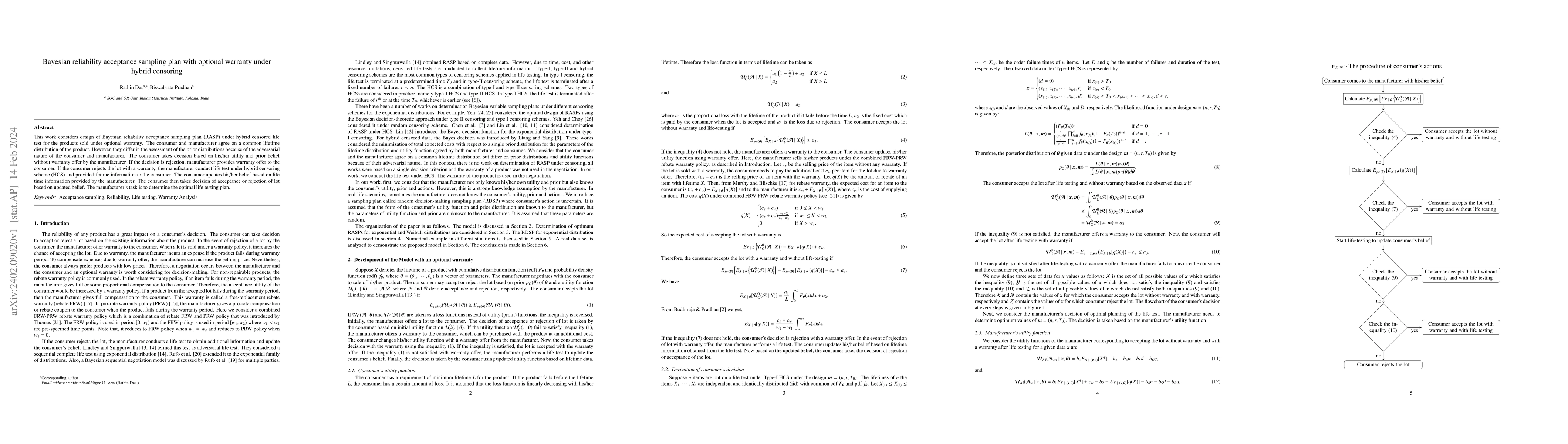 Thumbnail for Bayesian reliability acceptance sampling plan with optional warranty
  under hybrid censoring