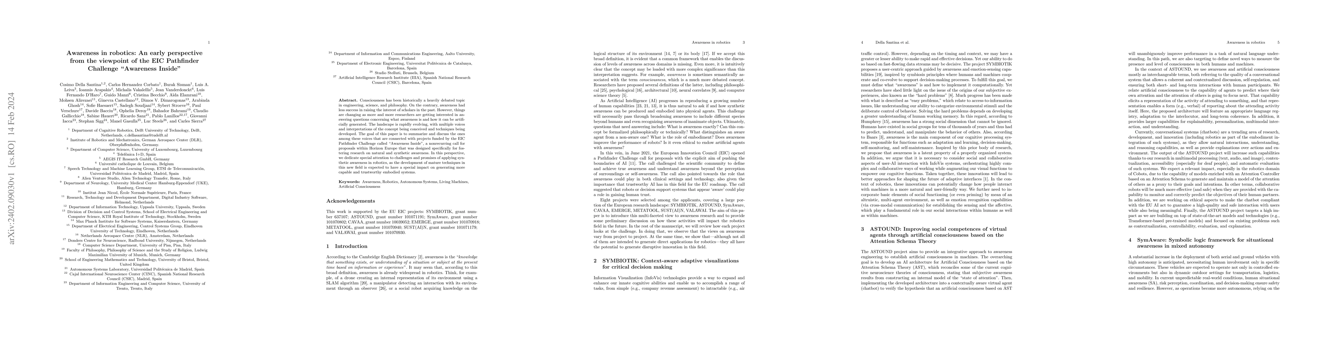 Thumbnail for Awareness in robotics: An early perspective from the viewpoint of the
  EIC Pathfinder Challenge "Awareness Inside''