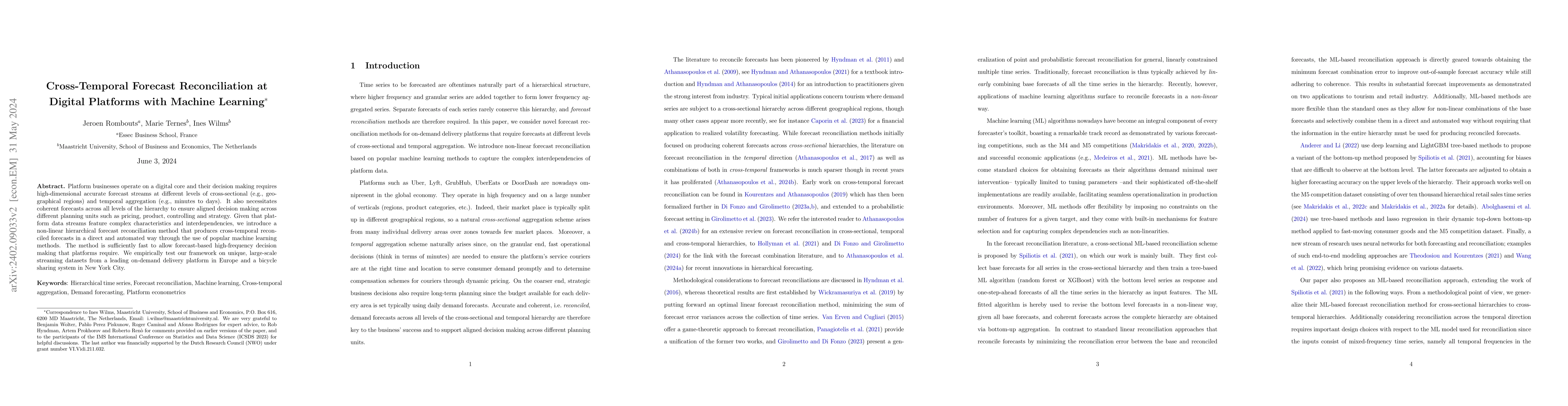 Thumbnail for Cross-Temporal Forecast Reconciliation at Digital Platforms with Machine
  Learning