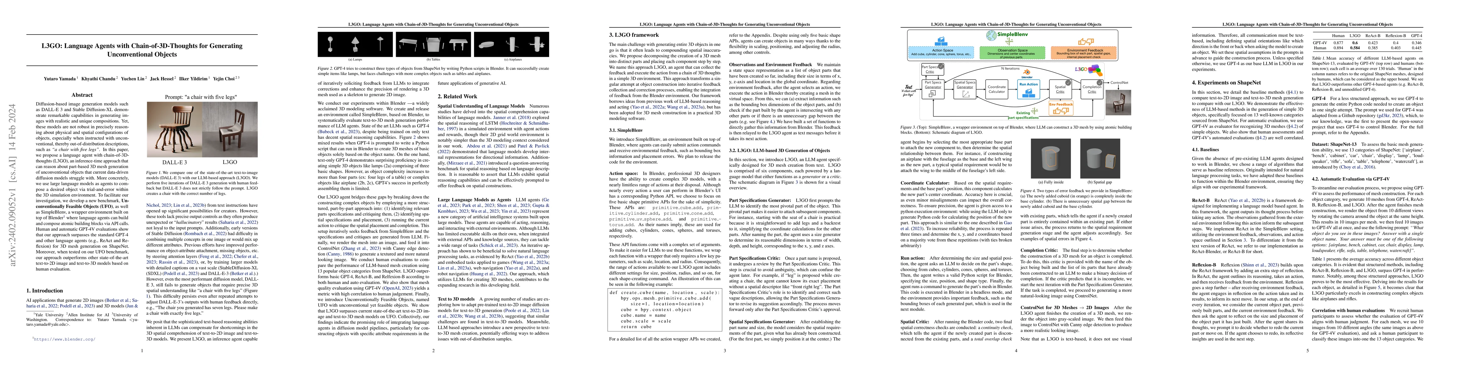 Thumbnail for L3GO: Language Agents with Chain-of-3D-Thoughts for Generating
  Unconventional Objects