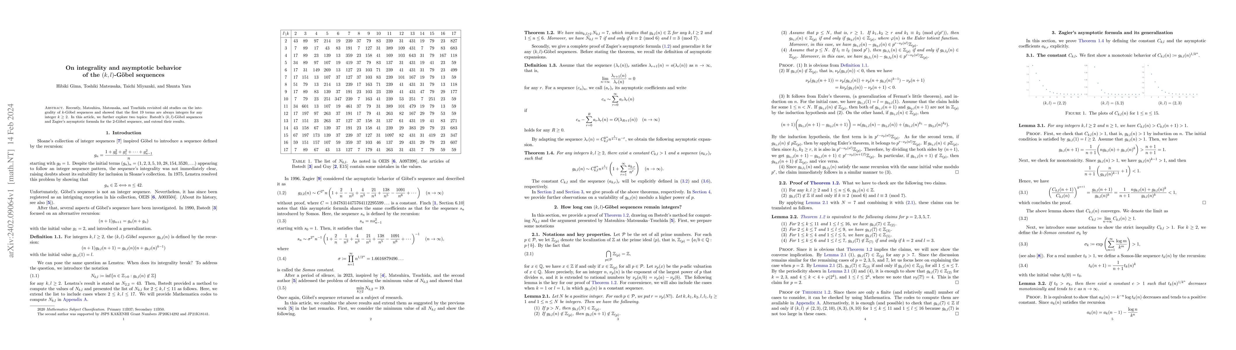 Thumbnail for On integrality and asymptotic behavior of the $(k, l)$-G\"{o}bel
  sequences