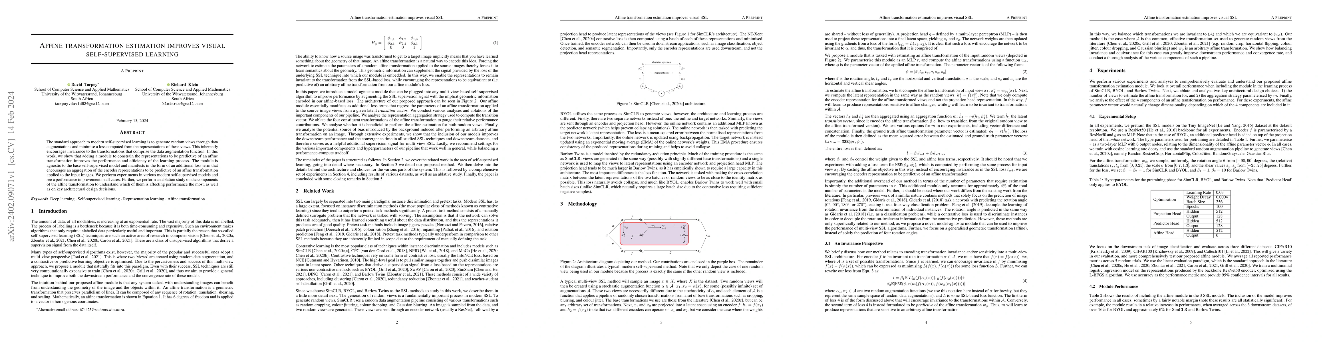 Thumbnail for Affine transformation estimation improves visual self-supervised
  learning