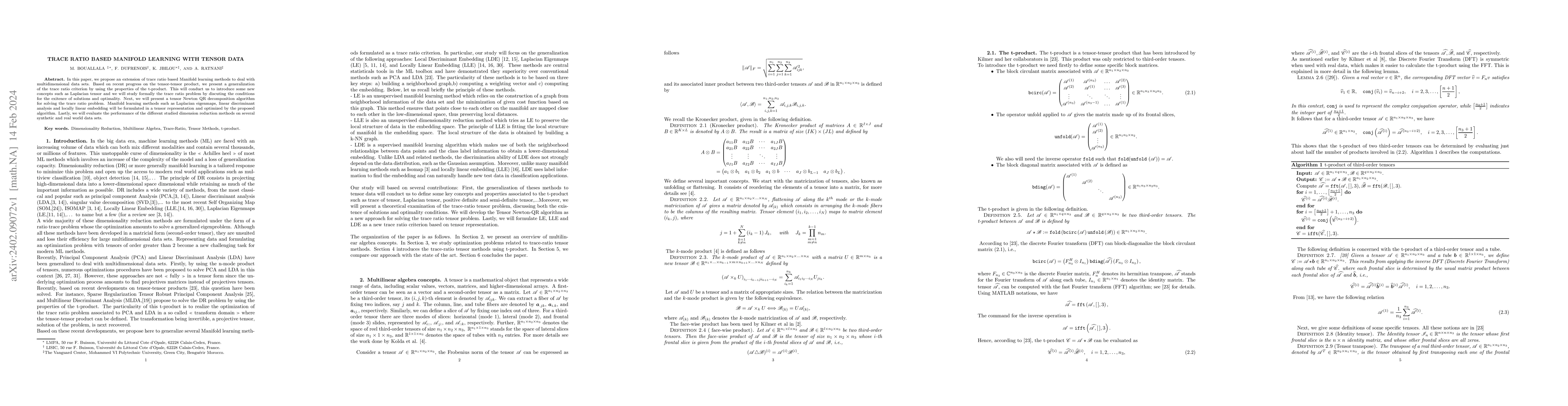 Thumbnail for Trace Ratio Based Manifold Learning with Tensor Data