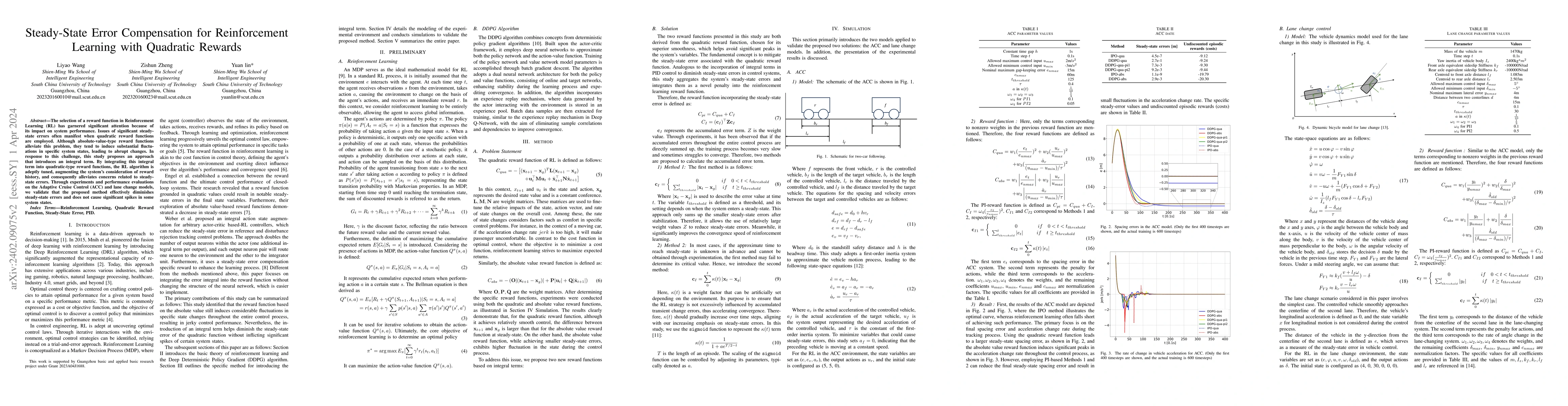 Thumbnail for Steady-State Error Compensation for Reinforcement Learning with
  Quadratic Rewards