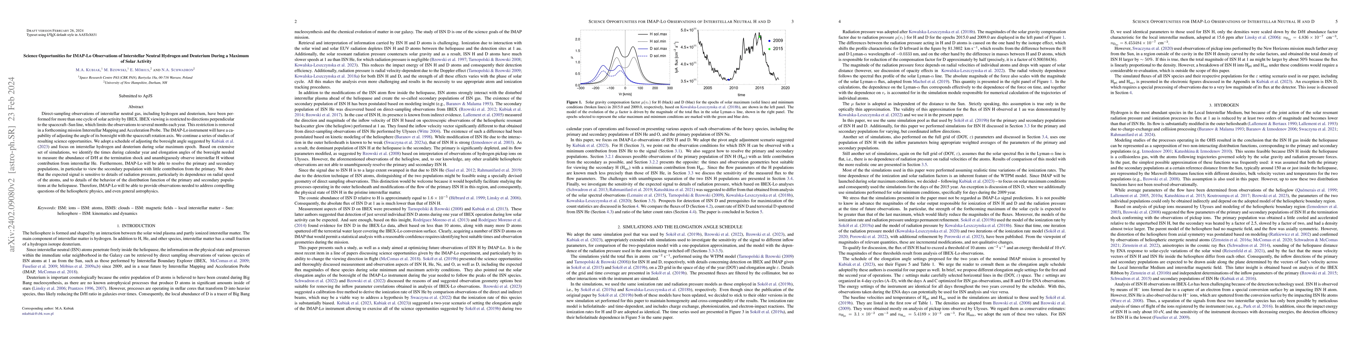 Thumbnail for Science Opportunities for IMAP-Lo Observations of Interstellar Neutral
  Hydrogen and Deuterium During a Maximum of Solar Activity