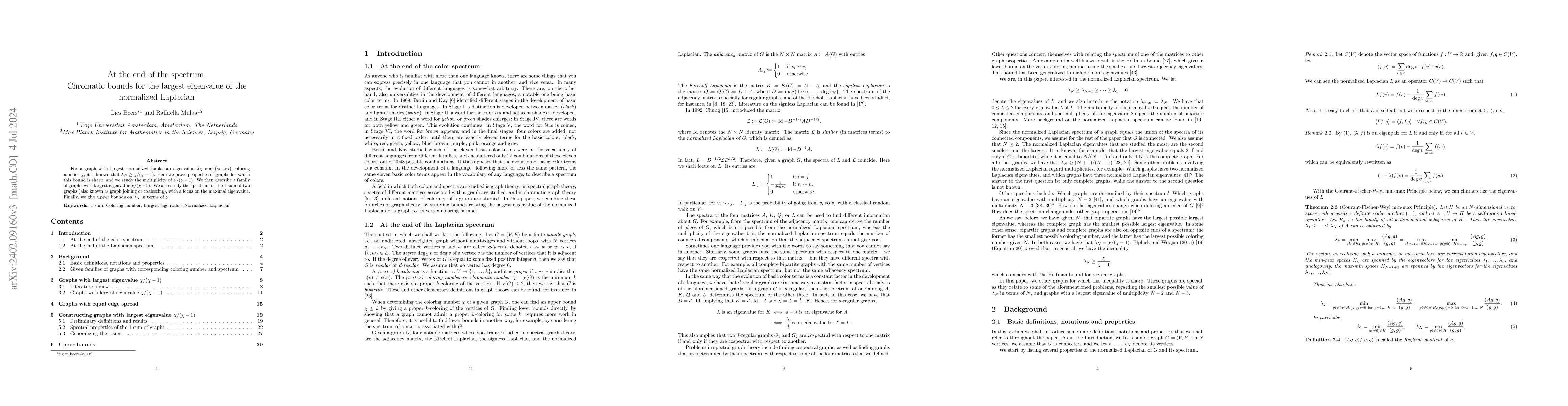 Thumbnail for At the end of the spectrum: Chromatic bounds for the largest eigenvalue
  of the normalized Laplacian