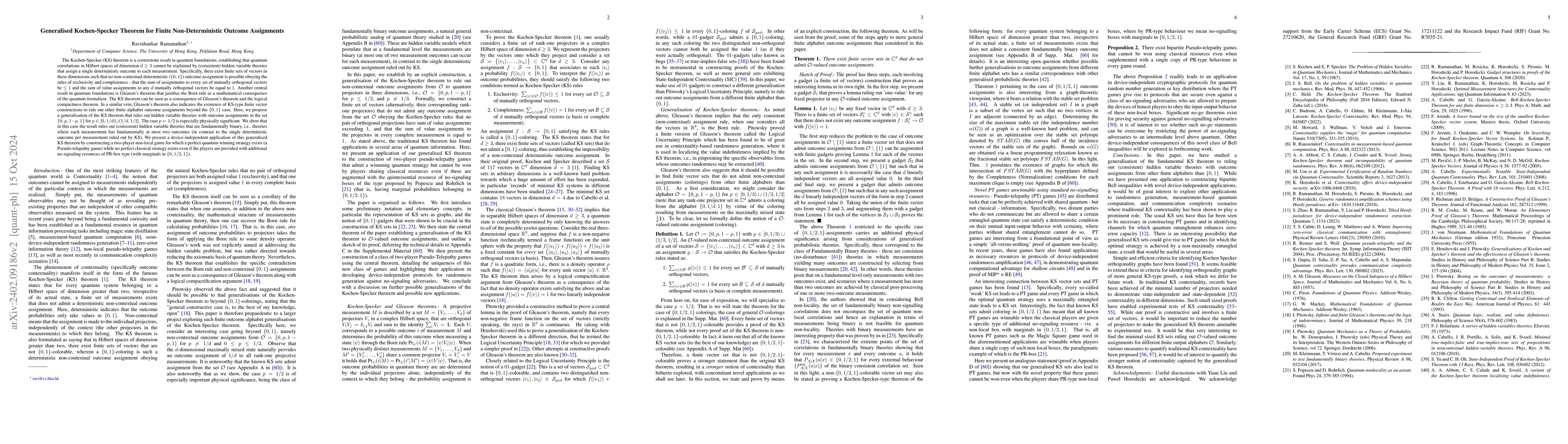 Thumbnail for Generalised Kochen-Specker Theorem for Finite Non-Deterministic Outcome
  Assignments