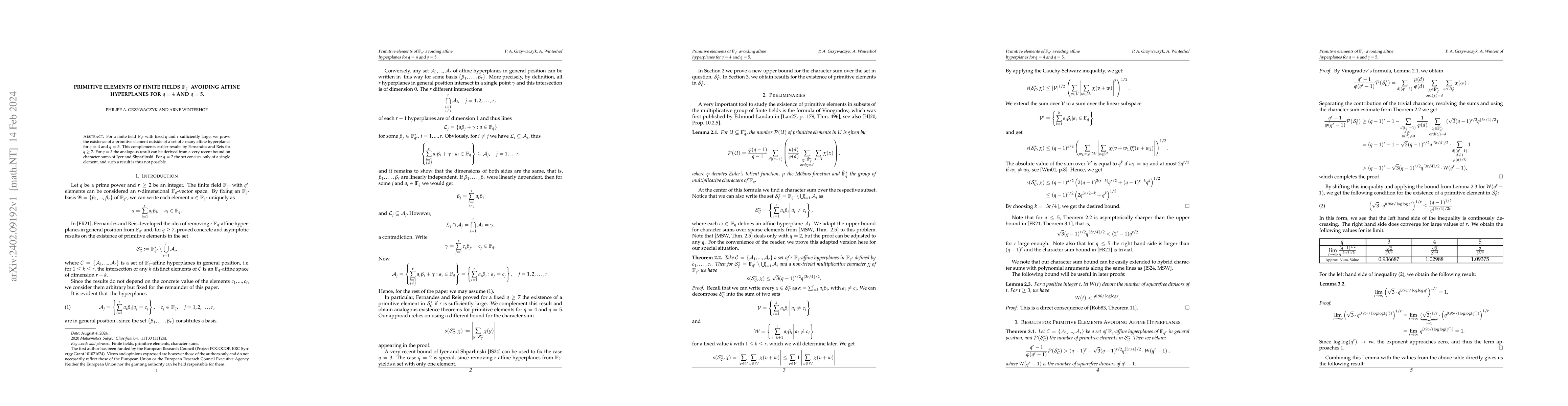 Thumbnail for Primitive elements of finite fields $\mathbf{F}_{q^r}$ avoiding affine
  hyperplanes for $q=4$ and $q=5$
