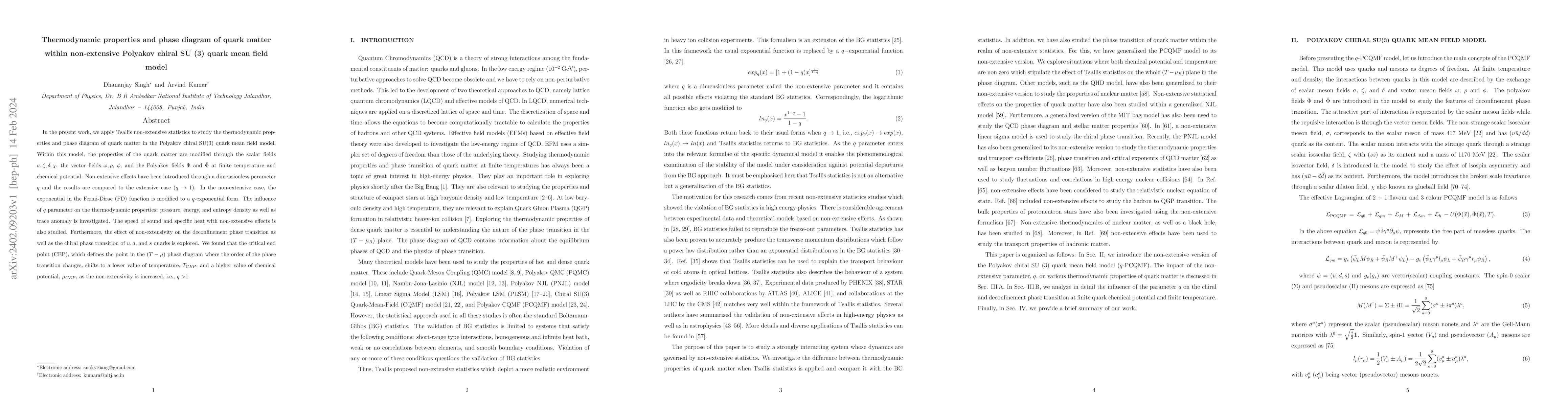 Thumbnail for Thermodynamic properties and phase diagram of quark matter within
  non-extensive Polyakov chiral SU (3) quark mean field model