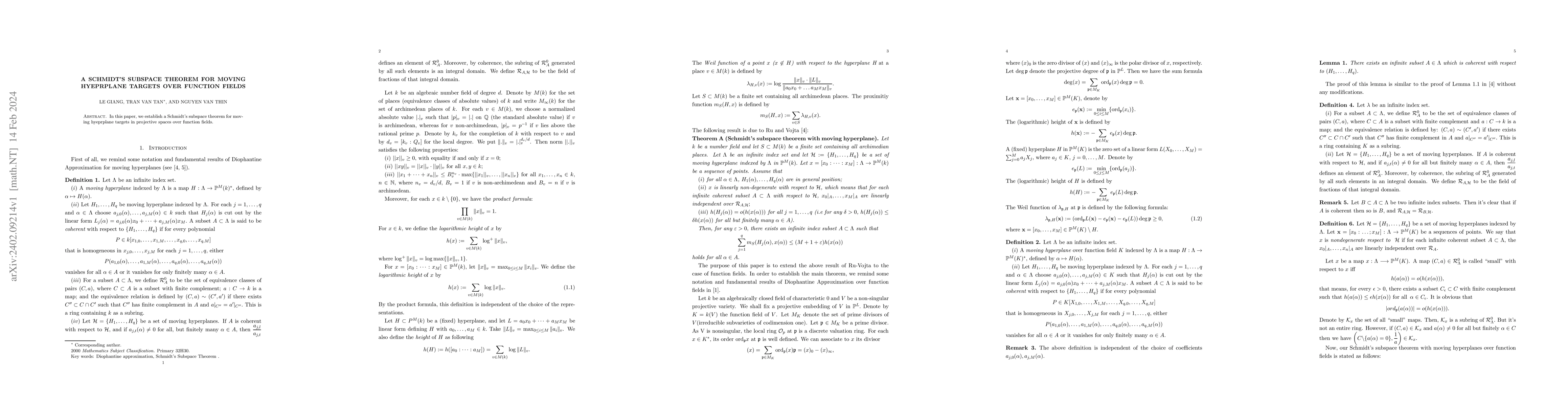 Thumbnail for A Schmidt's subspace theorem for moving hyeprplane targets over function
  fields