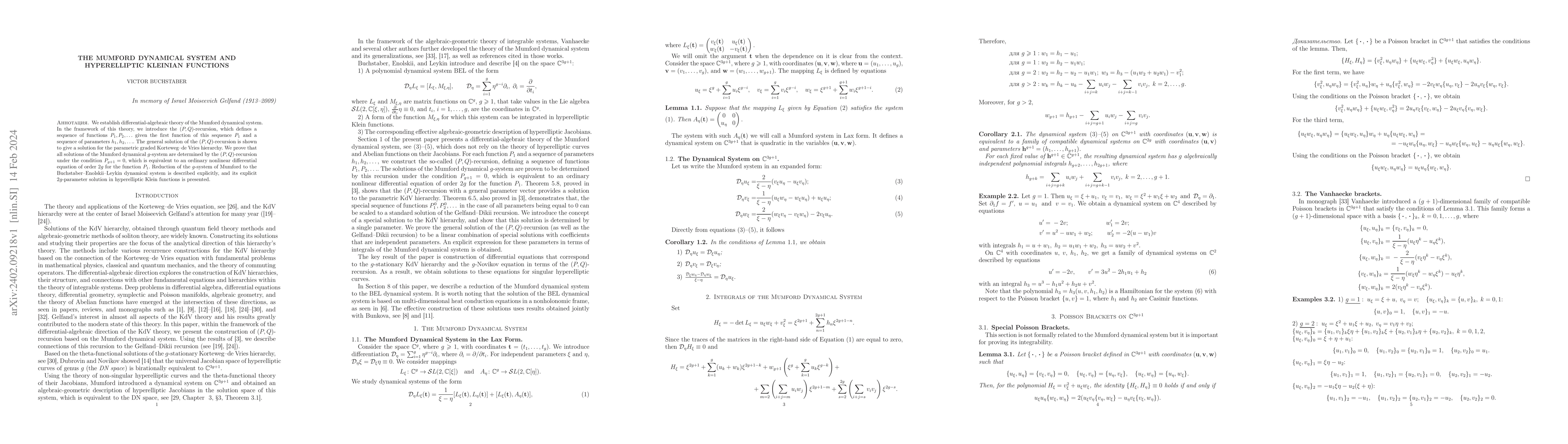 Thumbnail for The Mumford Dynamical System and Hyperelliptic Kleinian Functions