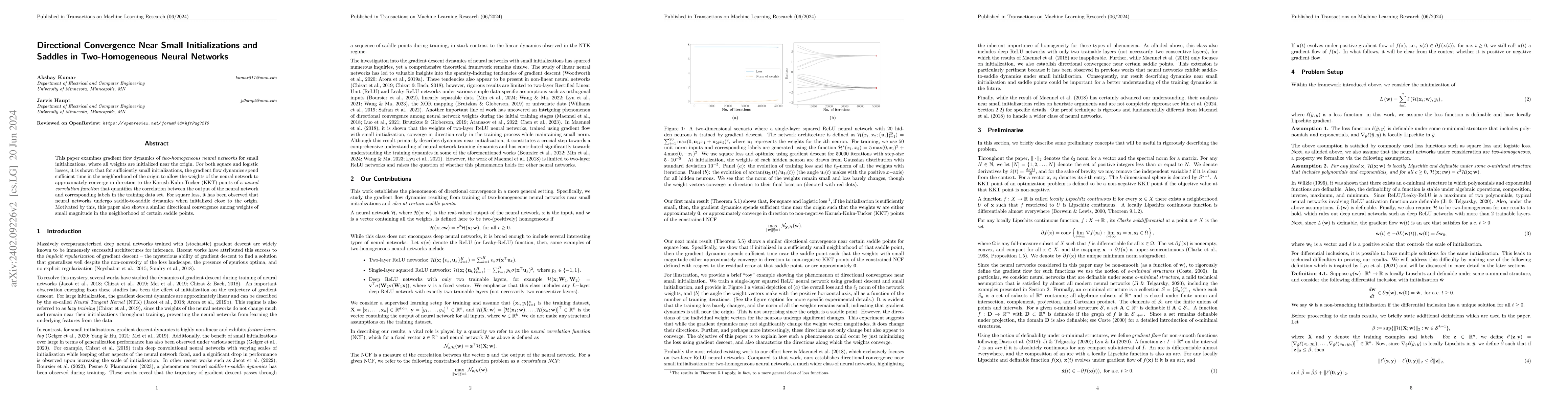 Thumbnail for Directional Convergence Near Small Initializations and Saddles in
  Two-Homogeneous Neural Networks