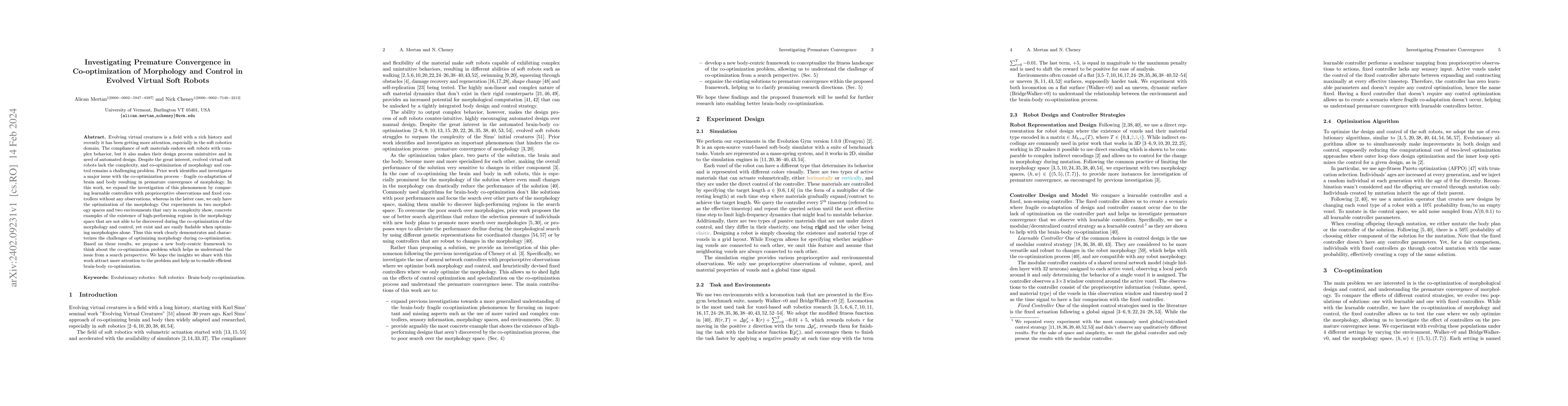 Thumbnail for Investigating Premature Convergence in Co-optimization of Morphology and
  Control in Evolved Virtual Soft Robots