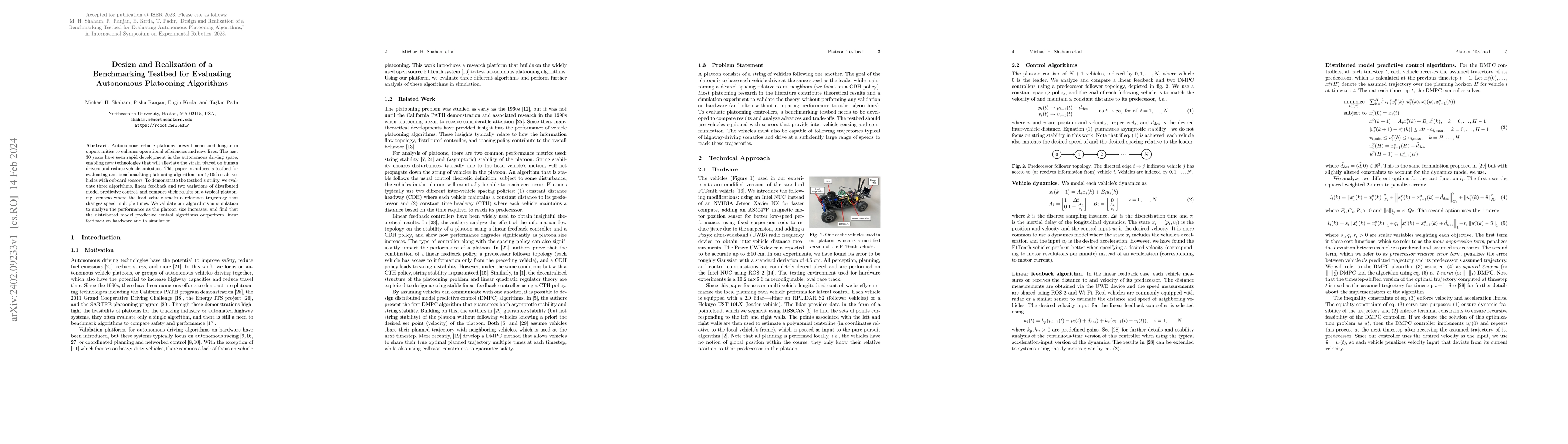 Thumbnail for Design and Realization of a Benchmarking Testbed for Evaluating
  Autonomous Platooning Algorithms