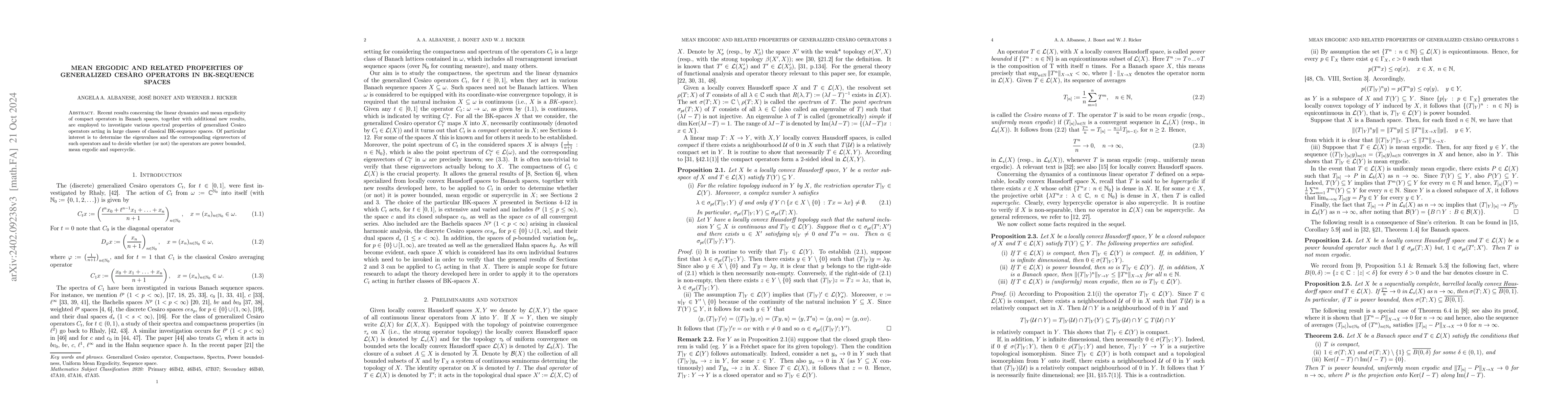 Thumbnail for Mean ergodic and related properties of generalized Ces\`aro operators in
  BK-sequence spaces
