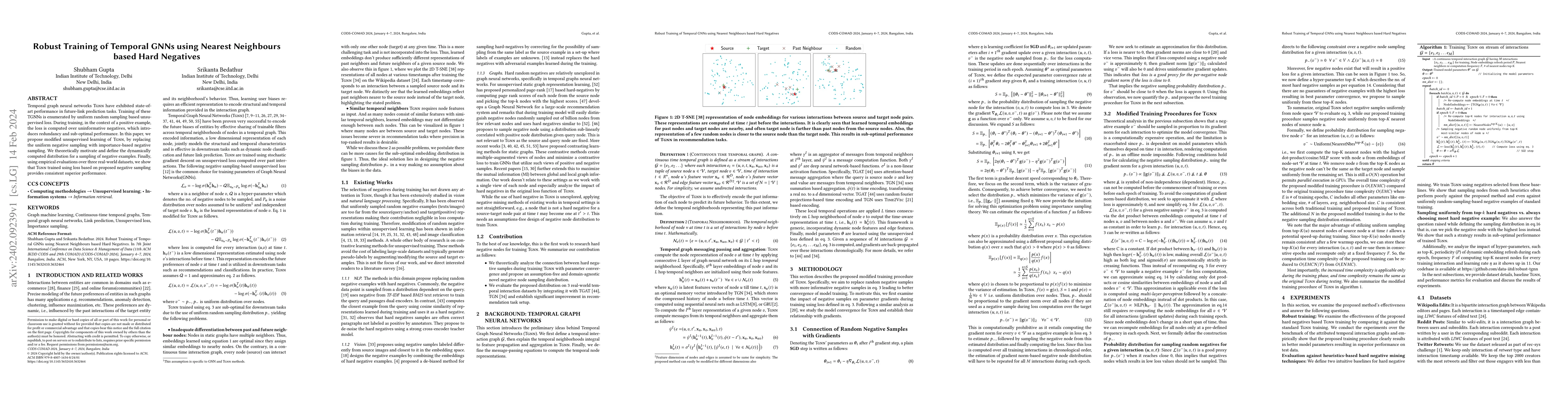 Thumbnail for Robust Training of Temporal GNNs using Nearest Neighbours based Hard
  Negatives