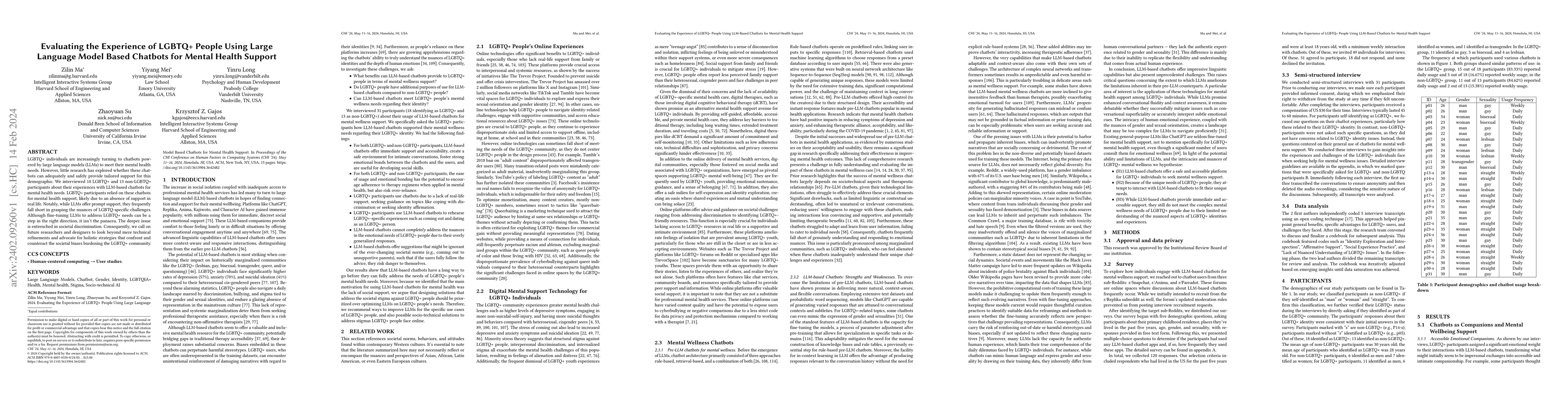 Thumbnail for Evaluating the Experience of LGBTQ+ People Using Large Language Model
  Based Chatbots for Mental Health Support