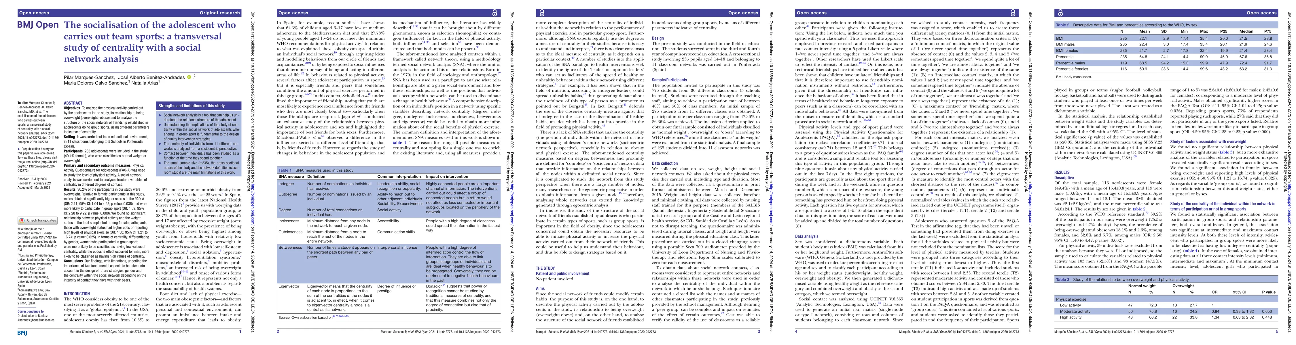 Thumbnail for The socialisation of the adolescent who carries out team sports: a
  transversal study of centrality with a social network analysis