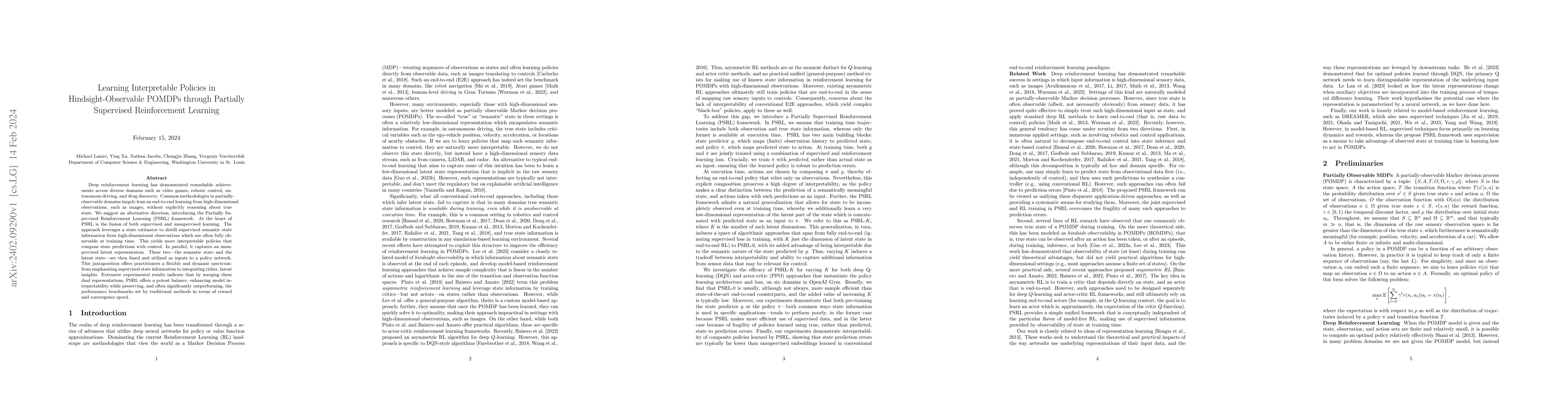 Thumbnail for Learning Interpretable Policies in Hindsight-Observable POMDPs through
  Partially Supervised Reinforcement Learning