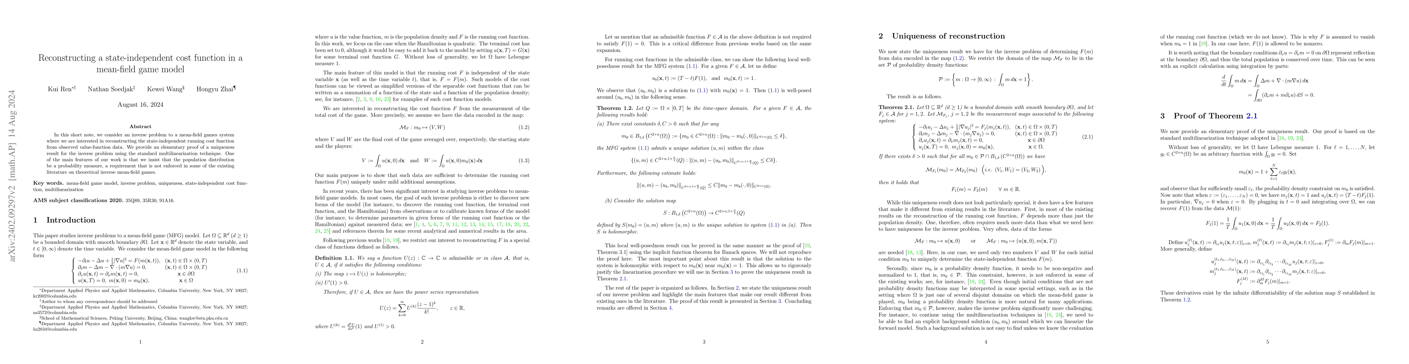 Thumbnail for Reconstructing a state-independent cost function in a mean-field game
  model