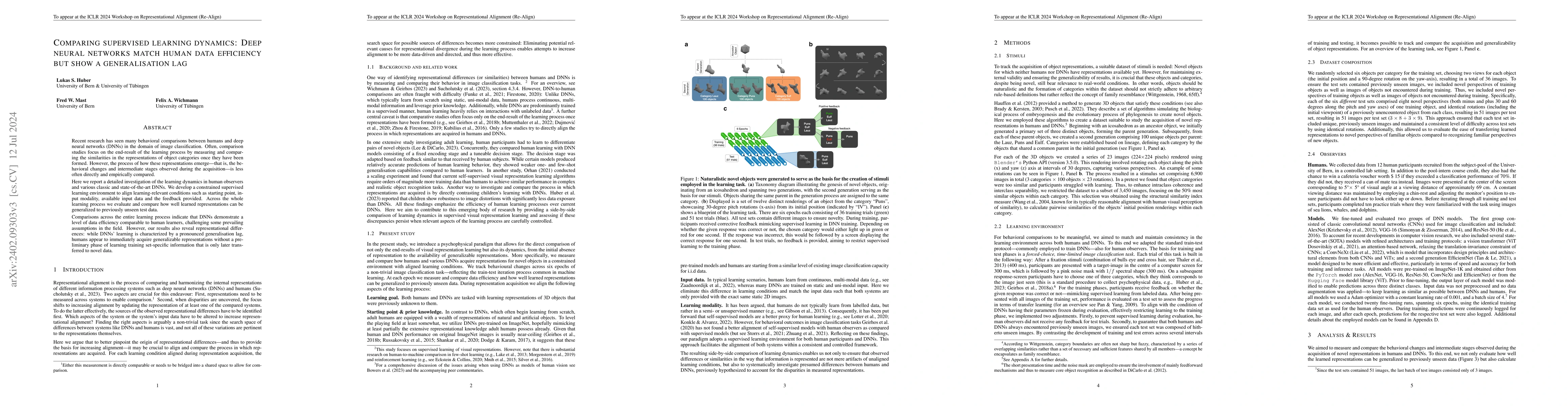 Thumbnail for Comparing supervised learning dynamics: Deep neural networks match human
  data efficiency but show a generalisation lag