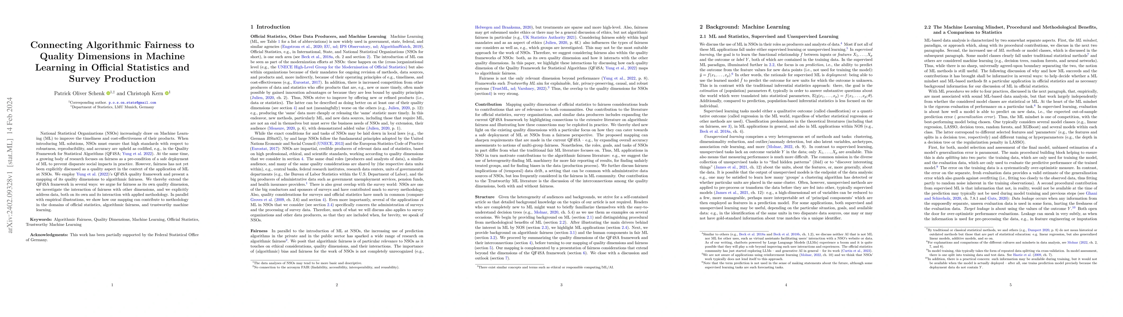 Thumbnail for Connecting Algorithmic Fairness to Quality Dimensions in Machine
  Learning in Official Statistics and Survey Production