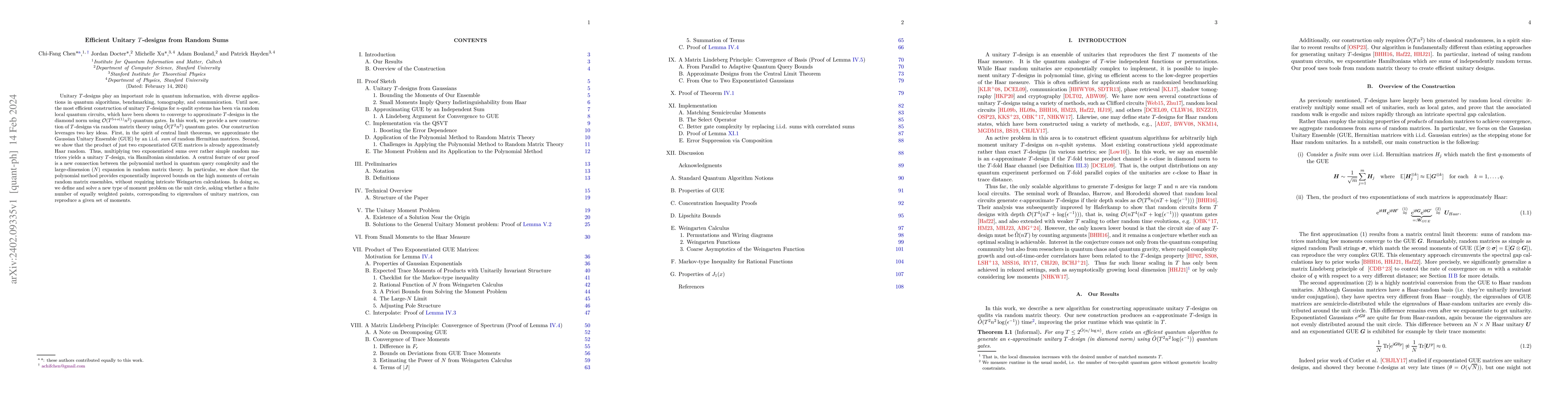 Thumbnail for Efficient Unitary T-designs from Random Sums