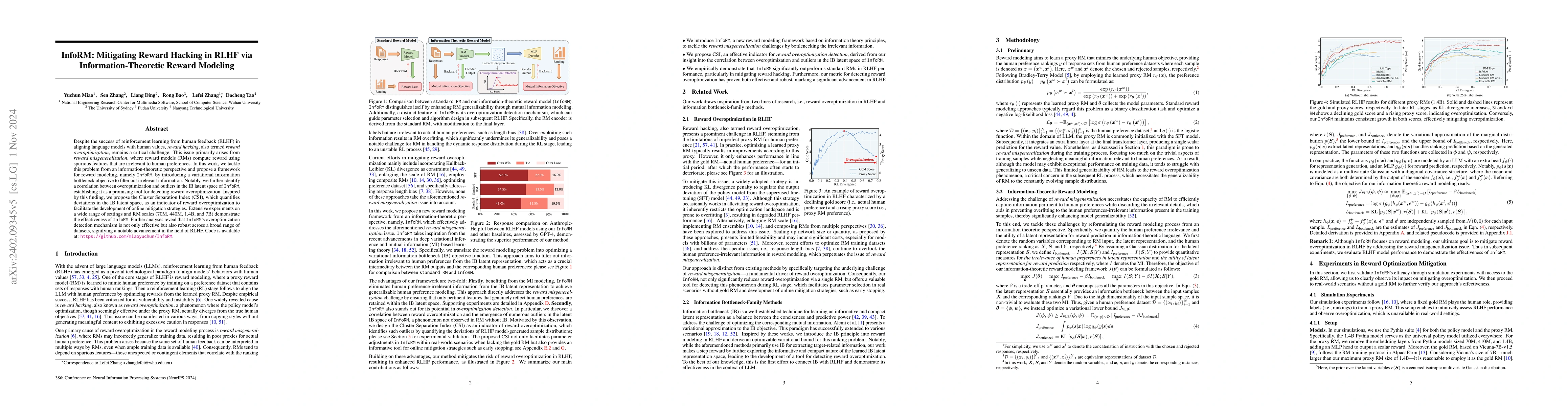 Thumbnail for InfoRM: Mitigating Reward Hacking in RLHF via Information-Theoretic
  Reward Modeling