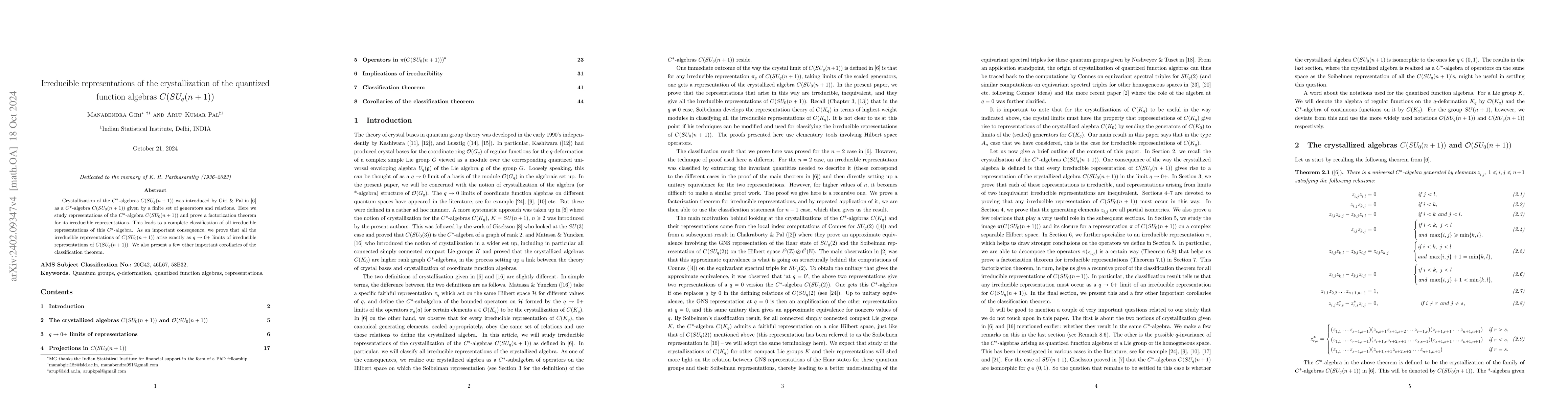 Thumbnail for Irreducible representations of the crystallization of the quantized
  function algebras $C(SU_{q}(n+1))$