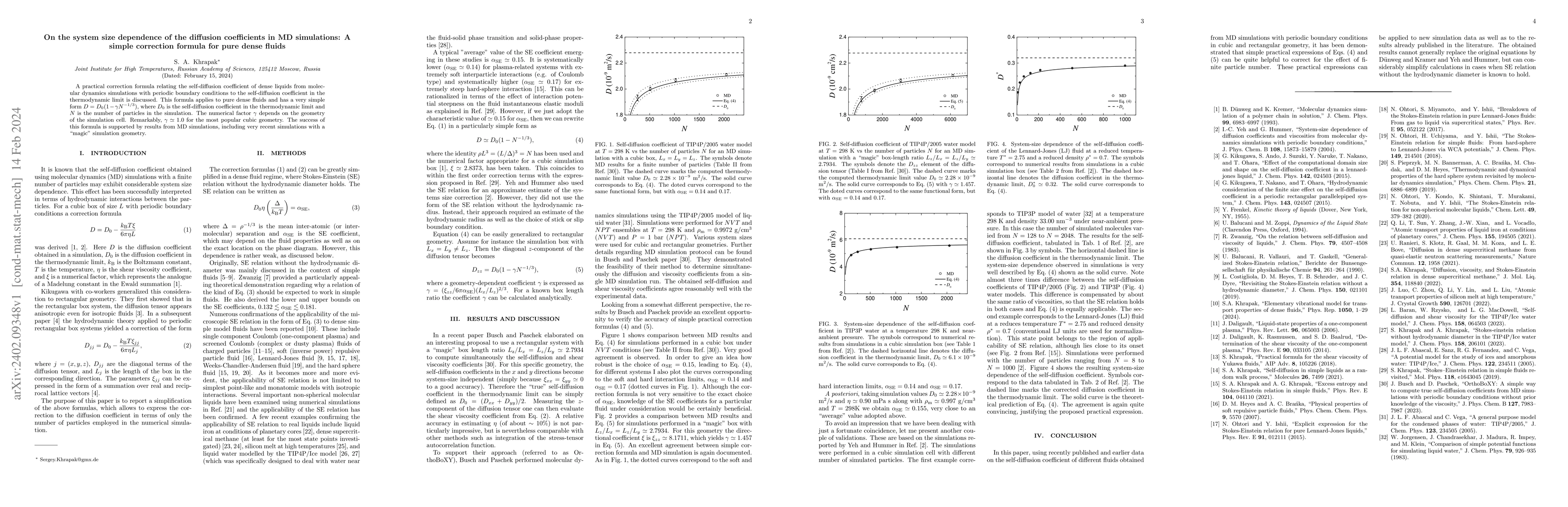 Thumbnail for On the system size dependence of the diffusion coefficients in MD
  simulations: A simple correction formula for pure dense fluids