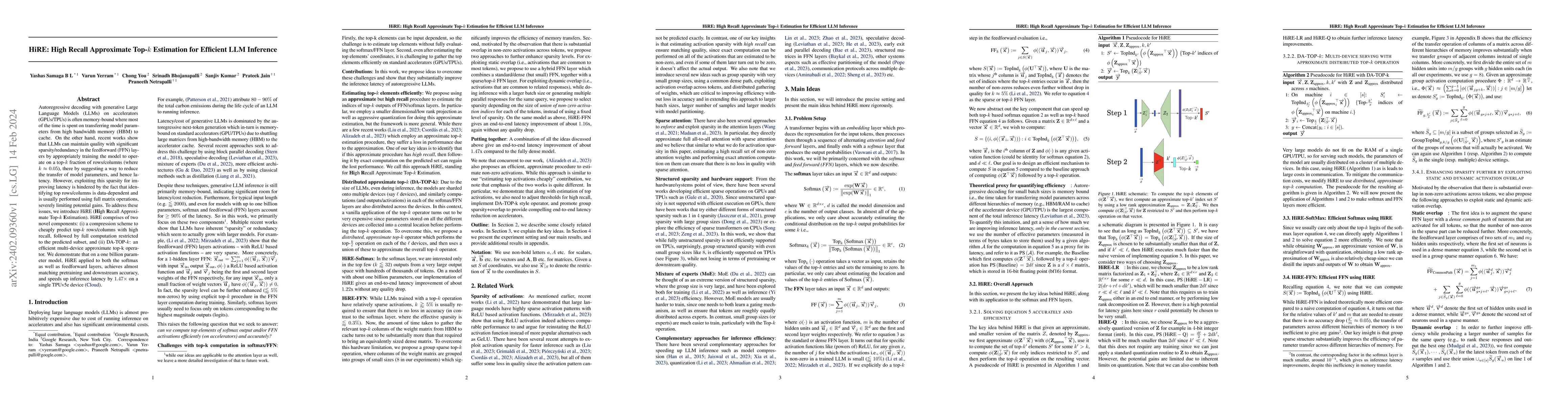 Thumbnail for HiRE: High Recall Approximate Top-$k$ Estimation for Efficient LLM
  Inference