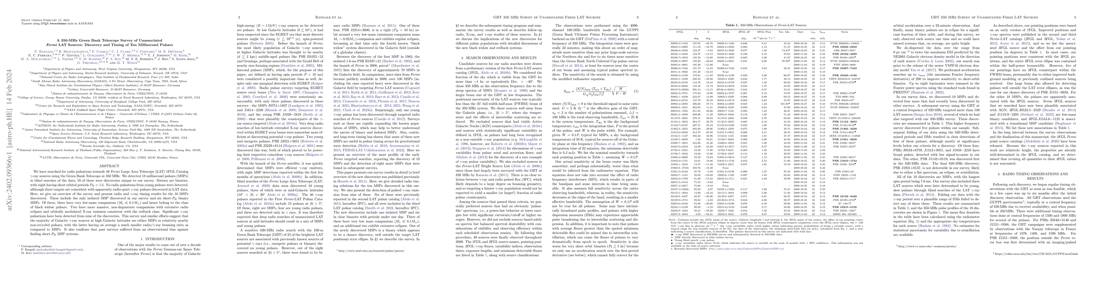 Thumbnail for A 350-MHz Green Bank Telescope Survey of Unassociated Fermi LAT Sources:
  Discovery and Timing of Ten Millisecond Pulsars