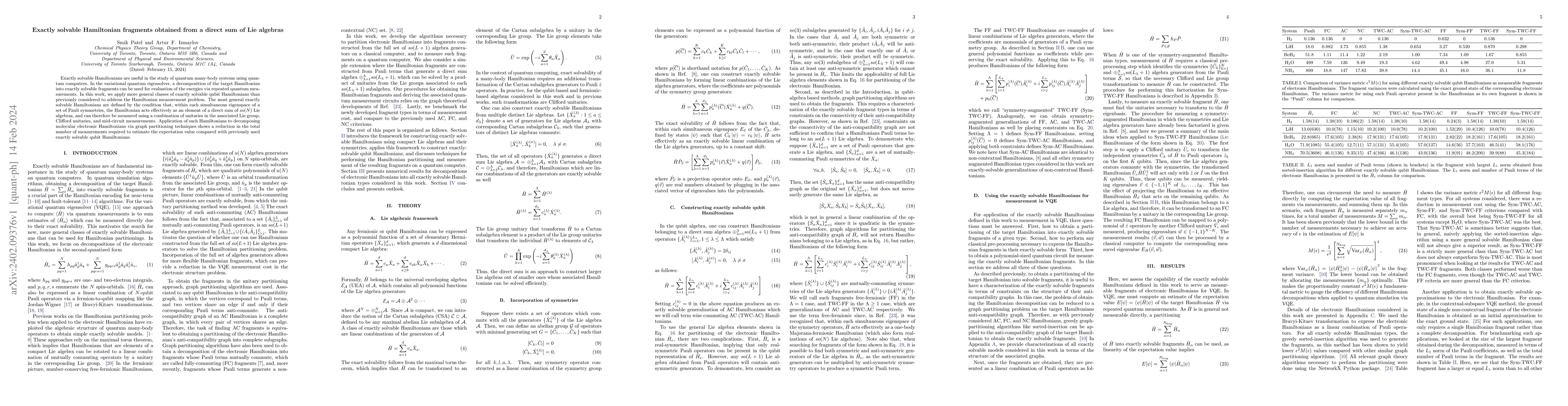 Thumbnail for Exactly solvable Hamiltonian fragments obtained from a direct sum of Lie
  algebras