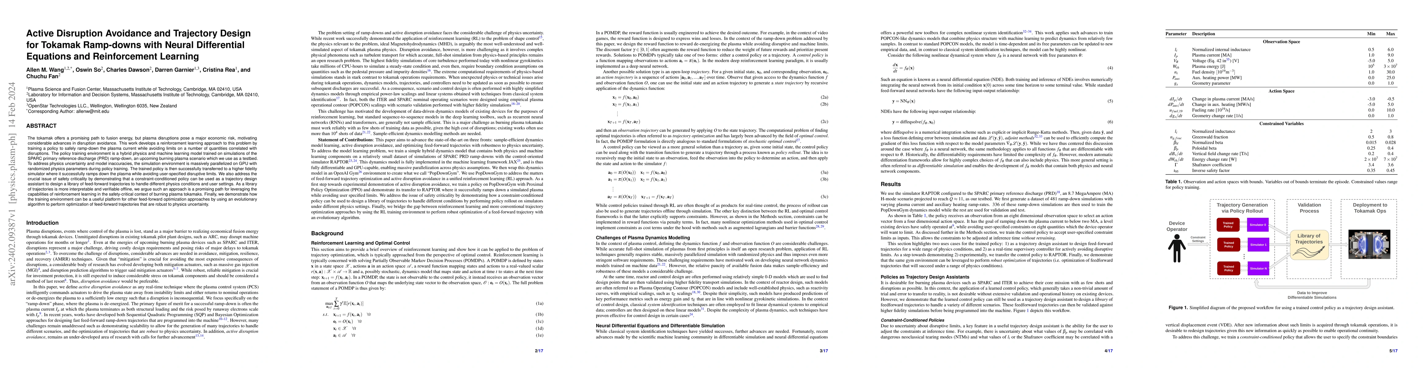 Thumbnail for Active Disruption Avoidance and Trajectory Design for Tokamak Ramp-downs
  with Neural Differential Equations and Reinforcement Learning