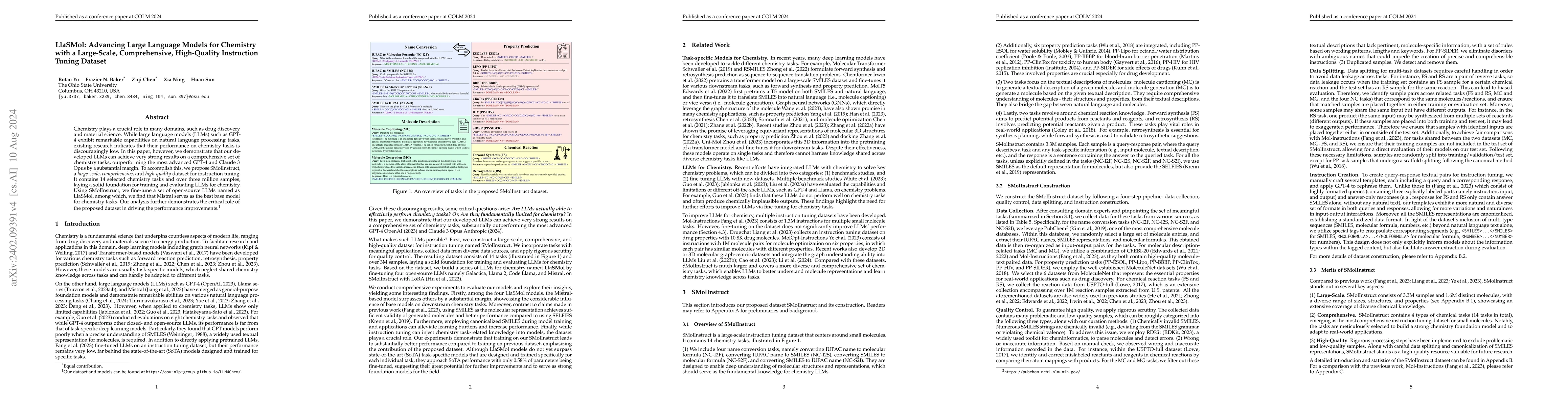 Thumbnail for LlaSMol: Advancing Large Language Models for Chemistry with a
  Large-Scale, Comprehensive, High-Quality Instruction Tuning Dataset