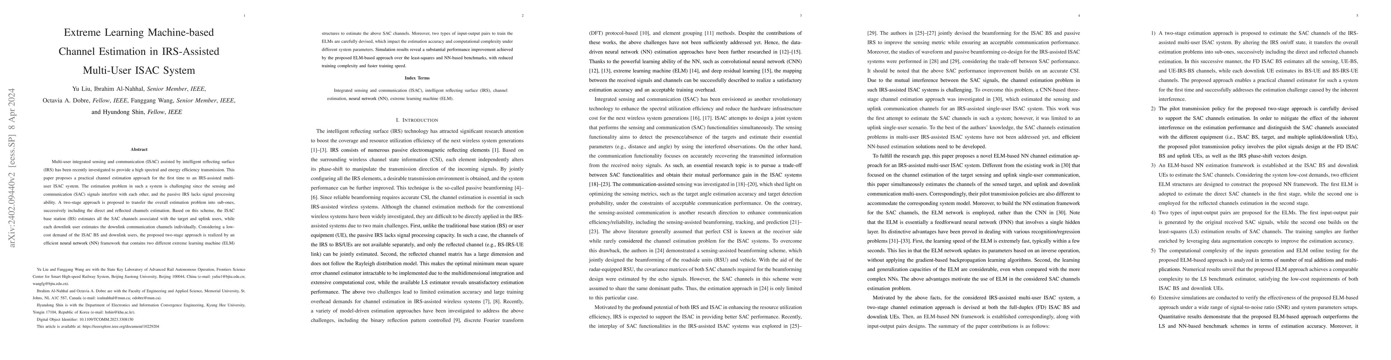 Thumbnail for Extreme Learning Machine-based Channel Estimation in IRS-Assisted
  Multi-User ISAC System