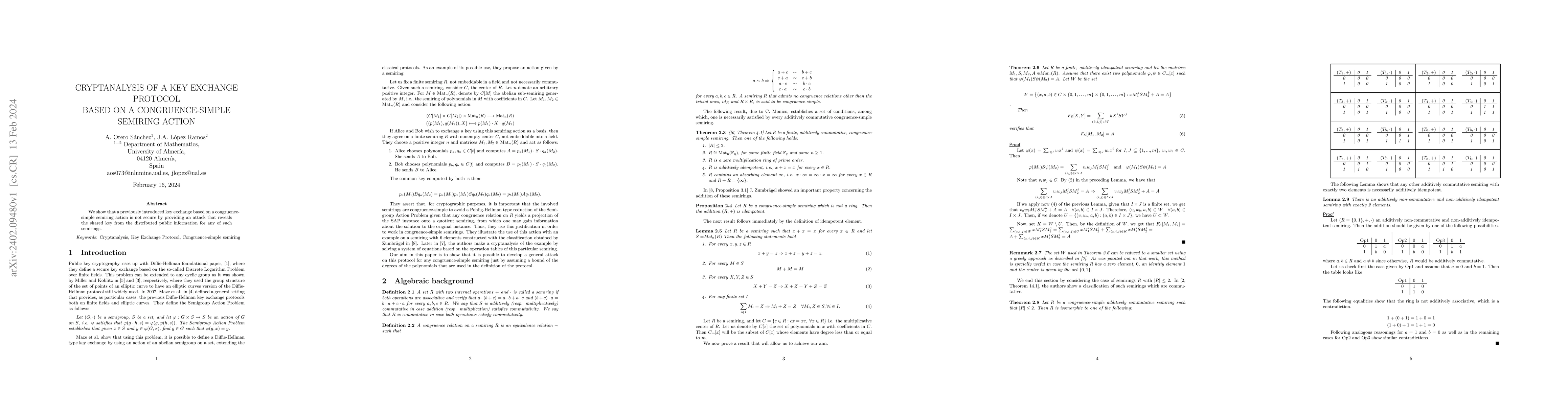 Thumbnail for Cryptoanalysis of a key exchange protocol based on a congruence-simple
  semiring action