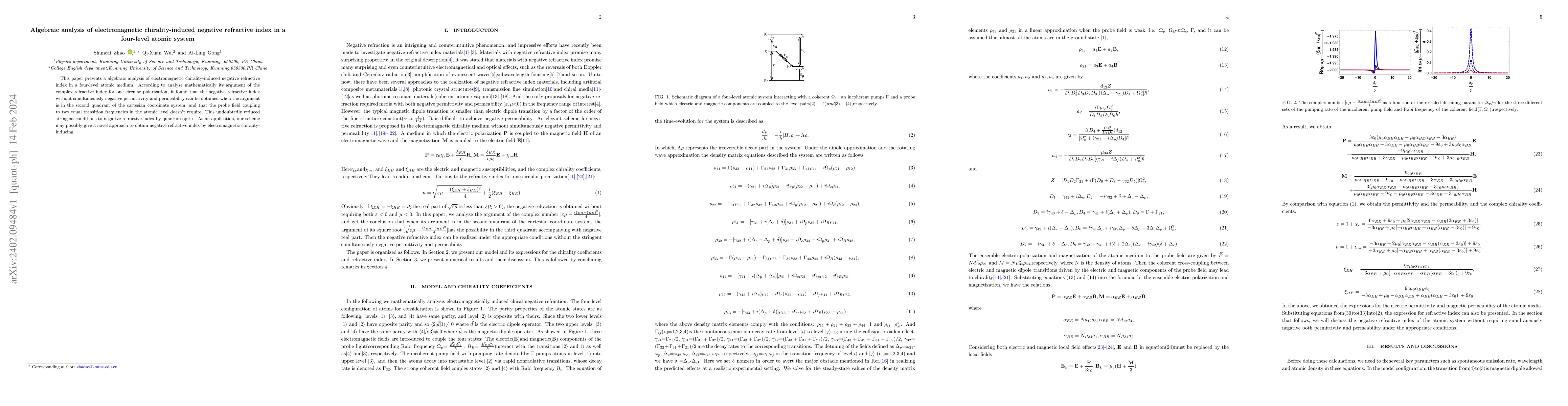 Thumbnail for Algebraic analysis of electromagnetic chirality-induced negative
  refractive index in a four-level atomic system
